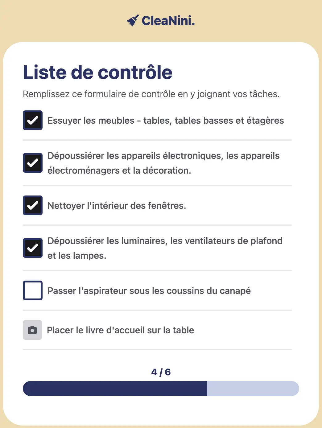 système de liste de contrôle pour le nettoyage