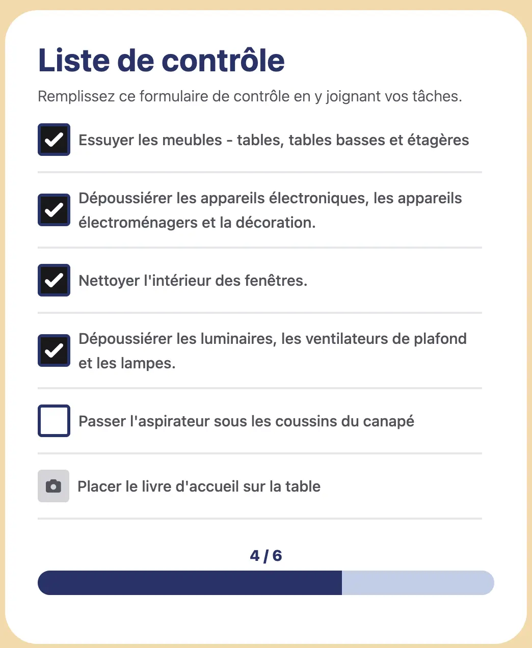 système de liste de contrôle pour le nettoyage